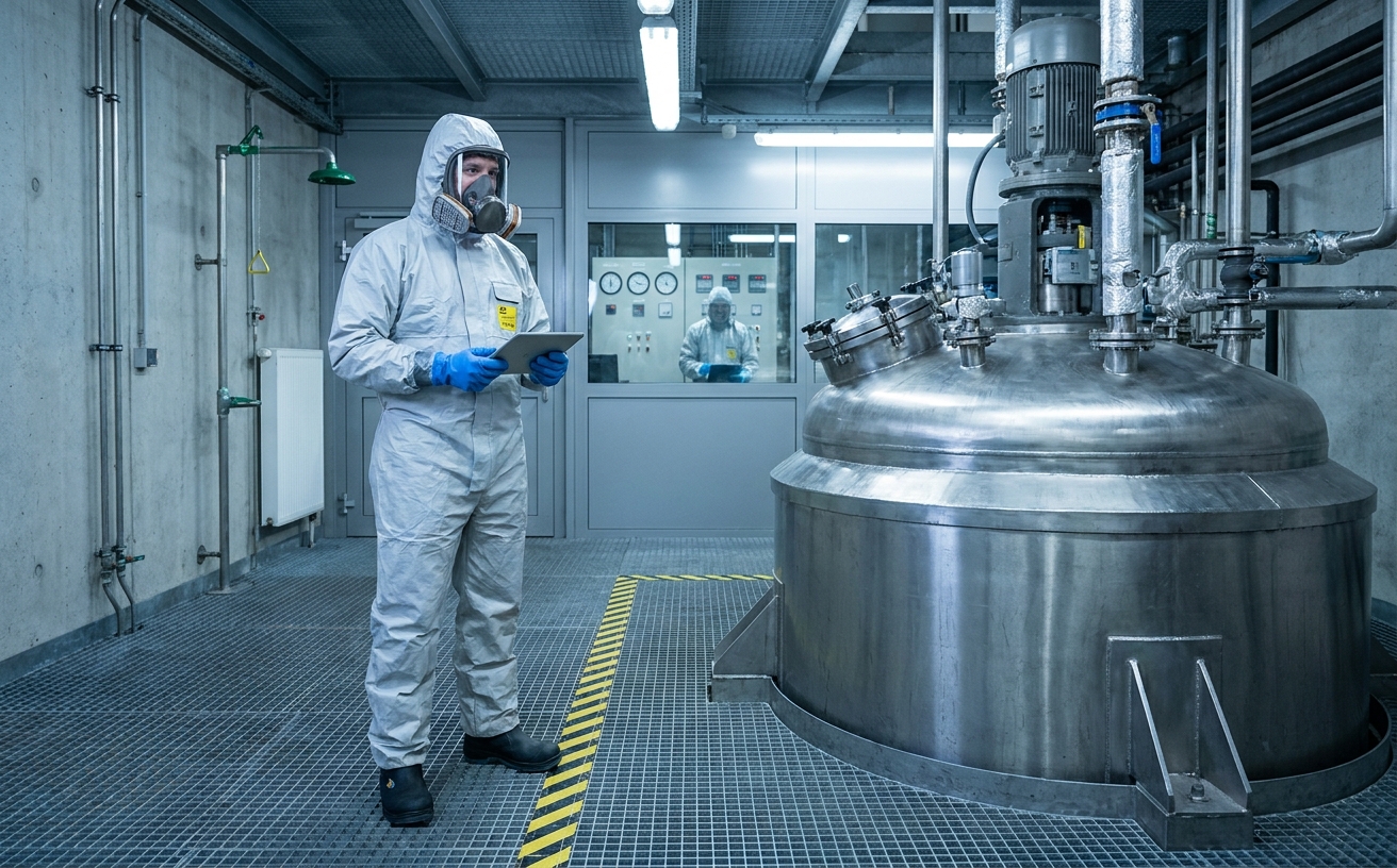 Mitarbeiter in chemikalienbeständigem Vollschutz an einem Reaktor zur Nitrierung von Glycerin in einer Sprengstoff-Produktionsanlage