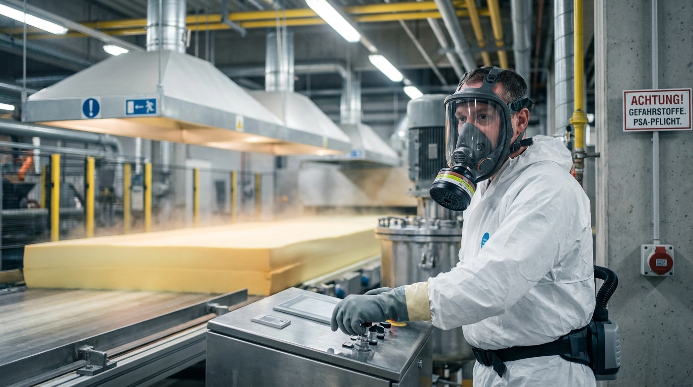 Anlagenfahrer in Schutzanzug mit Atemschutz an einer PU-Schaum-Produktionsanlage