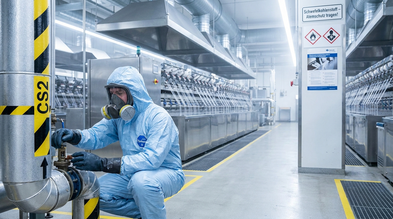 Viskose-Spinnerei mit Beschäftigtem in chemikalienbeständiger Vollschutz-Ausrüstung und Atemschutz