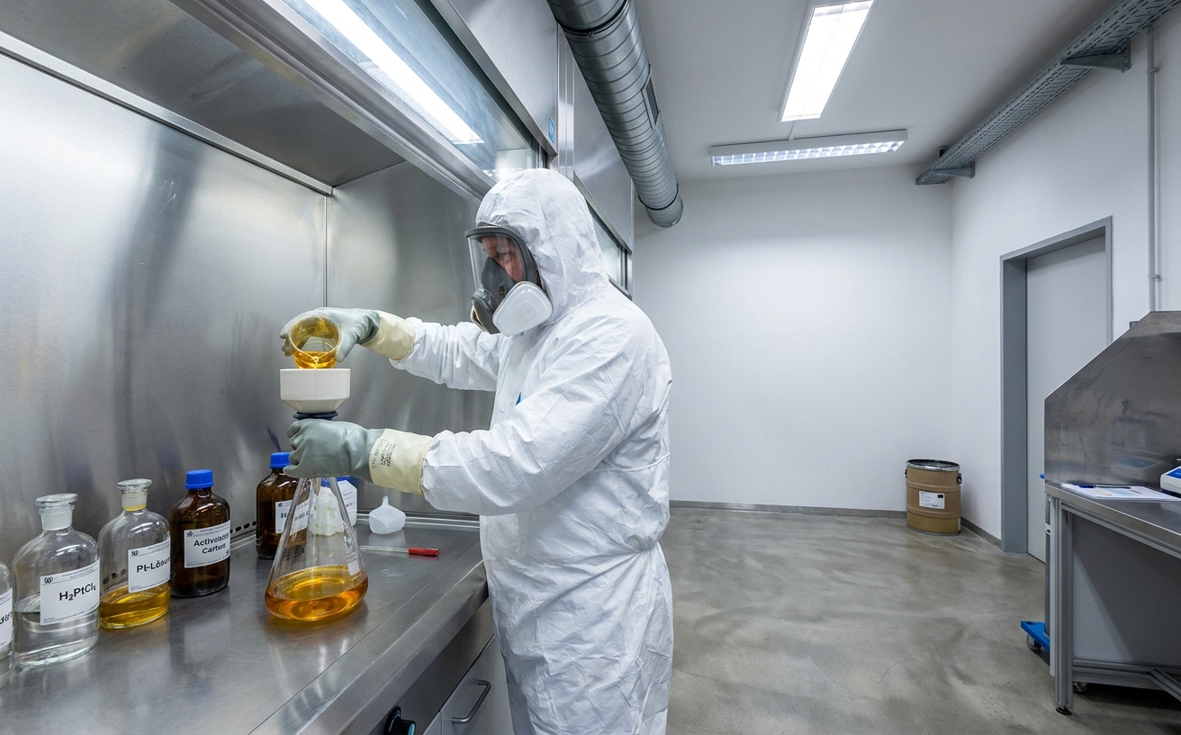 Beschäftigter im Edelmetallscheidereibetrieb mit Vollschutzanzug beim Filtrieren einer Hexachloroplatinsäure-Lösung