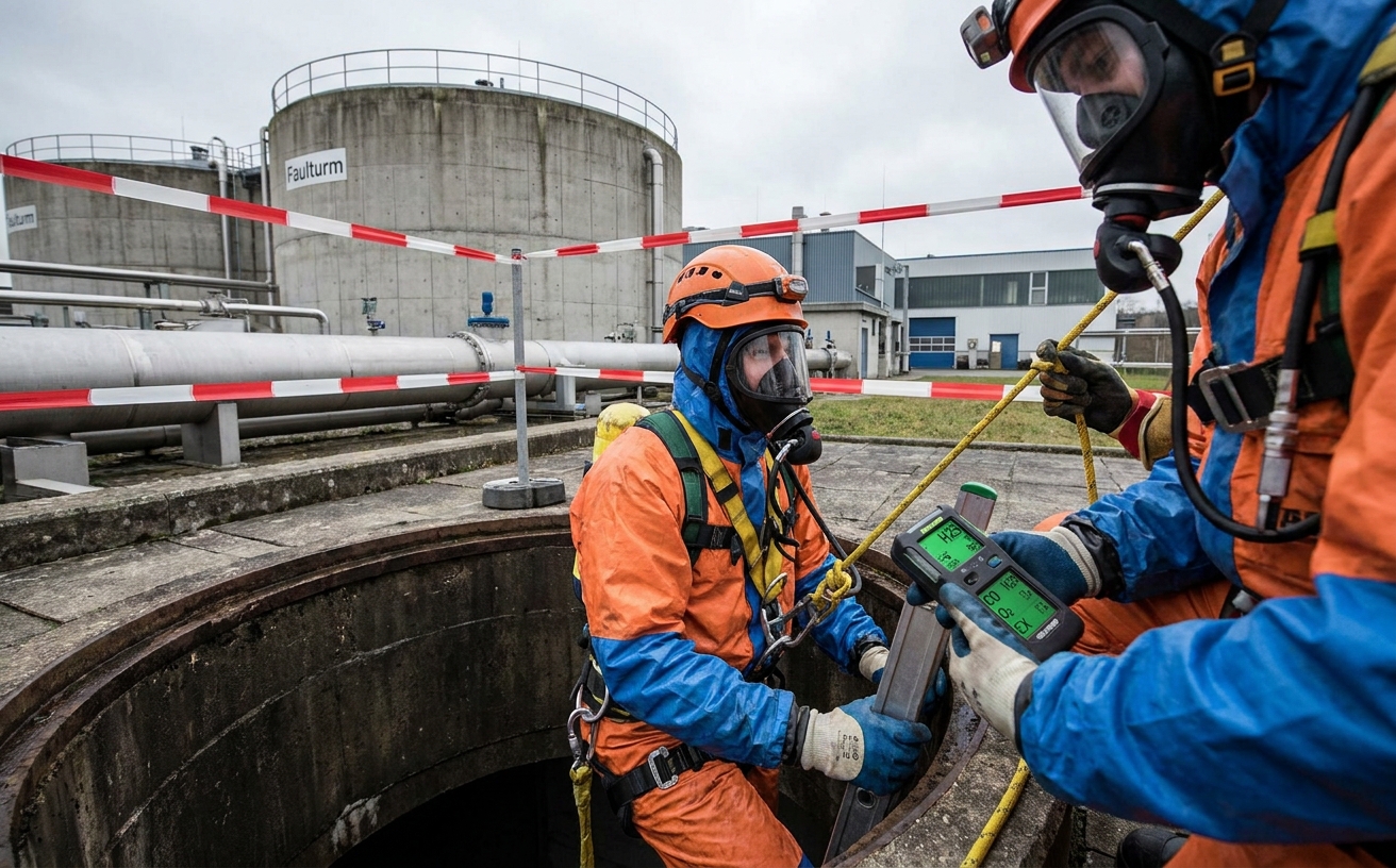 Klärwerker mit umluftunabhängigem Atemschutz beim Befahren eines Faulturm-Schachts mit Sicherungsmann und Mehrgas-Warngerät