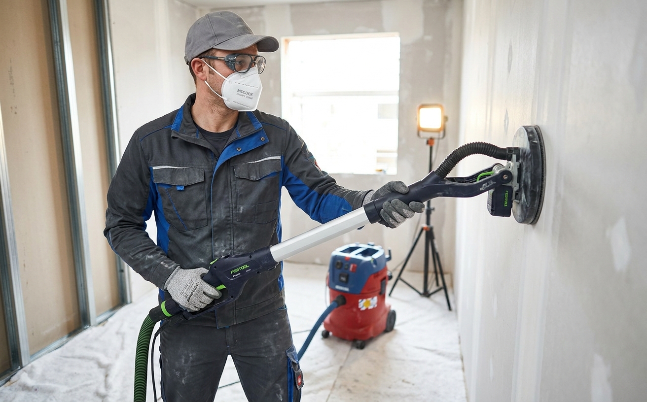 Arbeiter mit Atemschutzmaske in staubiger Industrieumgebung – Staubbelastung am Arbeitsplatz