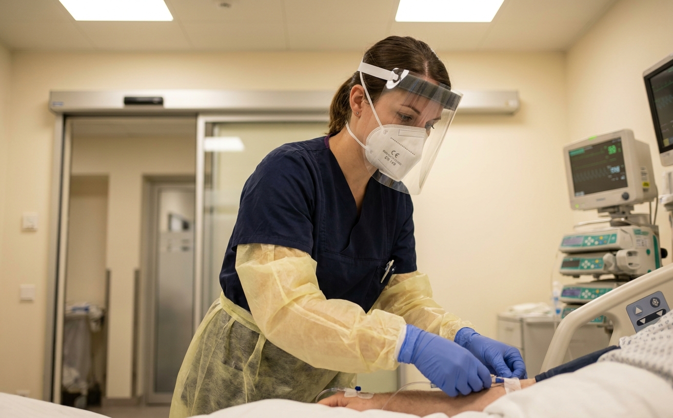 Krankenschwester in deutscher Notfallaufnahme zieht in steriler Umgebung mit Schutzhandschuhen und Mund-Nasen-Schutz Blut bei einem Patienten ab