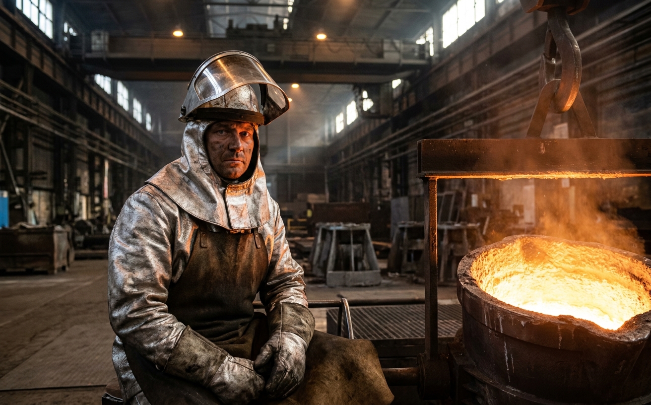 Stahlarbeiter in deutscher Stahlhütte mit Schutzanzug, Helm und Visier vor einem leuchtenden Hochofen mit Hitze-Strahlung