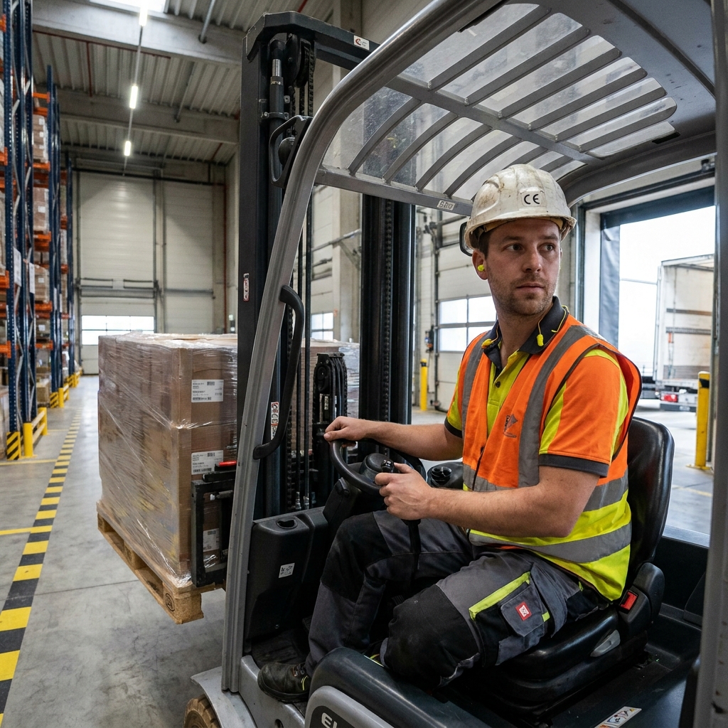 Staplerfahrer am Verladedock einer Logistikhalle mit Helm, Warnweste und Gehörschutz