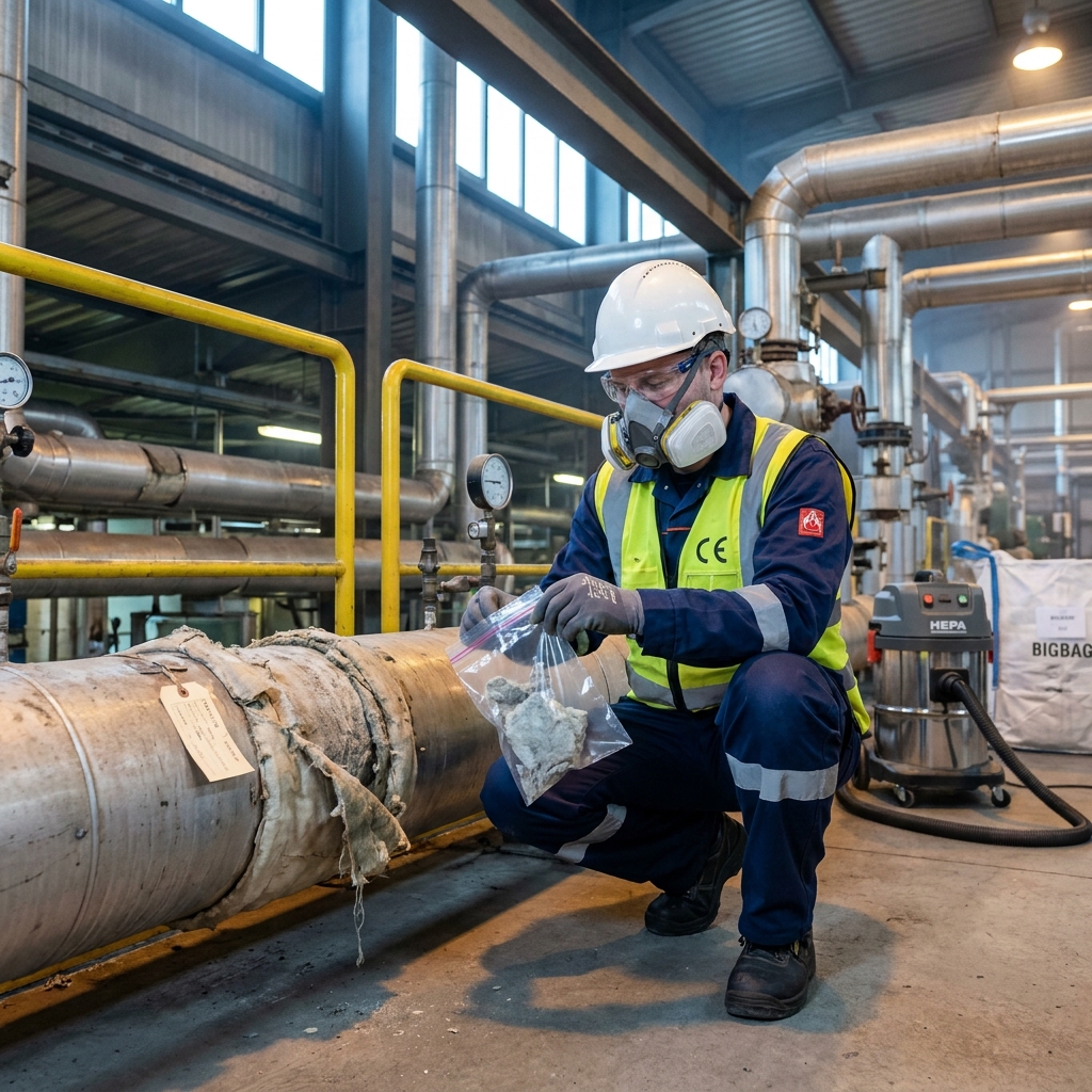 Industrieanlagen-Mitarbeiter bei Demontage-Vorbereitung an asbest-isolierten Rohrleitungen in deutscher Industrieanlage