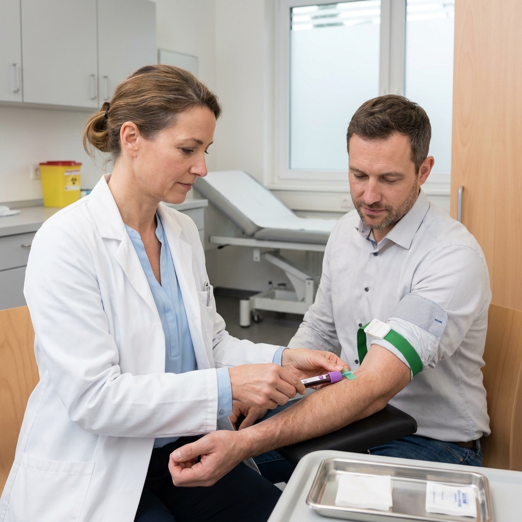 Betriebsaerztin entnimmt EDTA-Vollblutprobe fuer Quecksilber-Biomonitoring in arbeitsmedizinischer Praxis