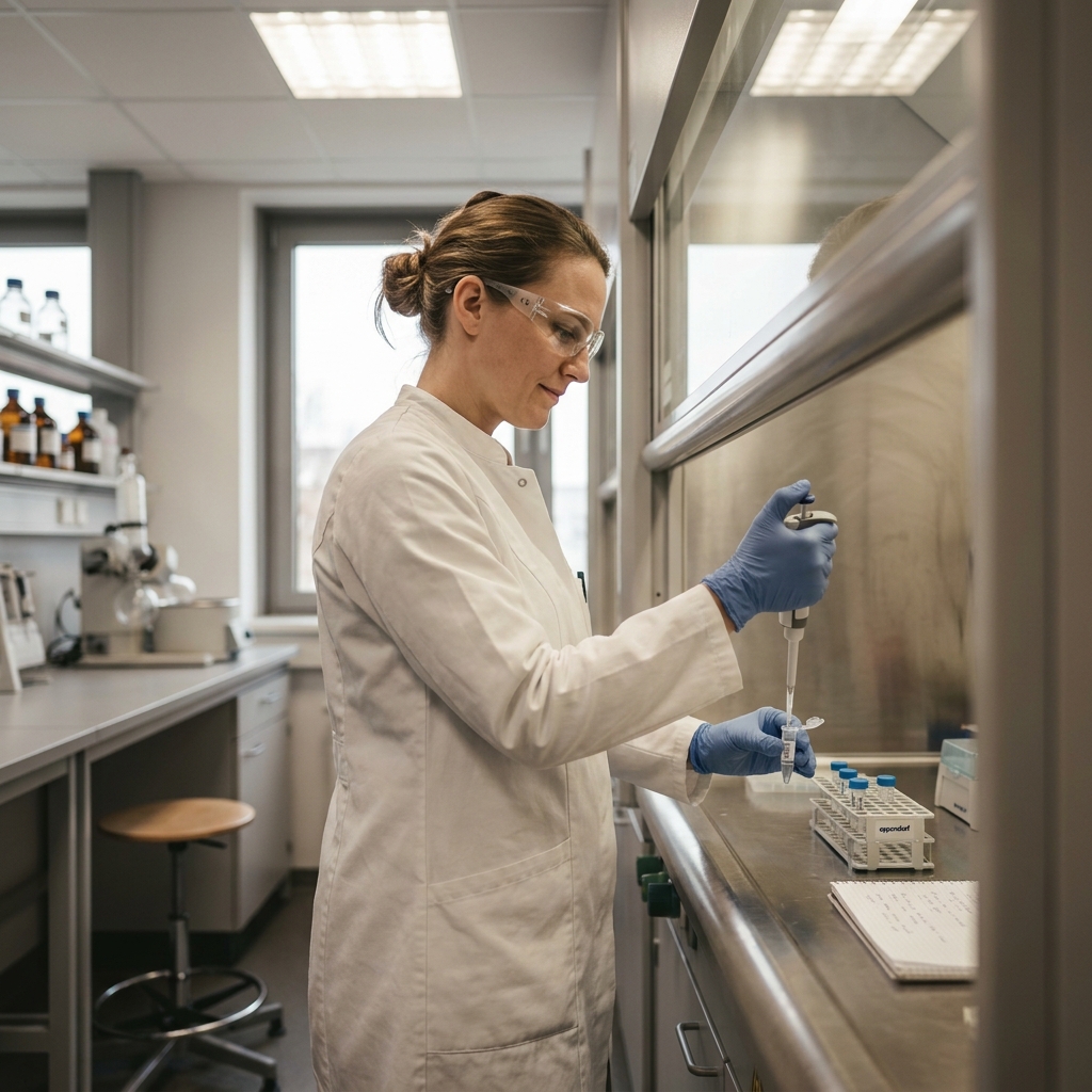 Wissenschaftlerin pipettiert quecksilberorganische Reagenzien unter dem Arbeitsplatzabzug eines Hochschul-Chemielabors