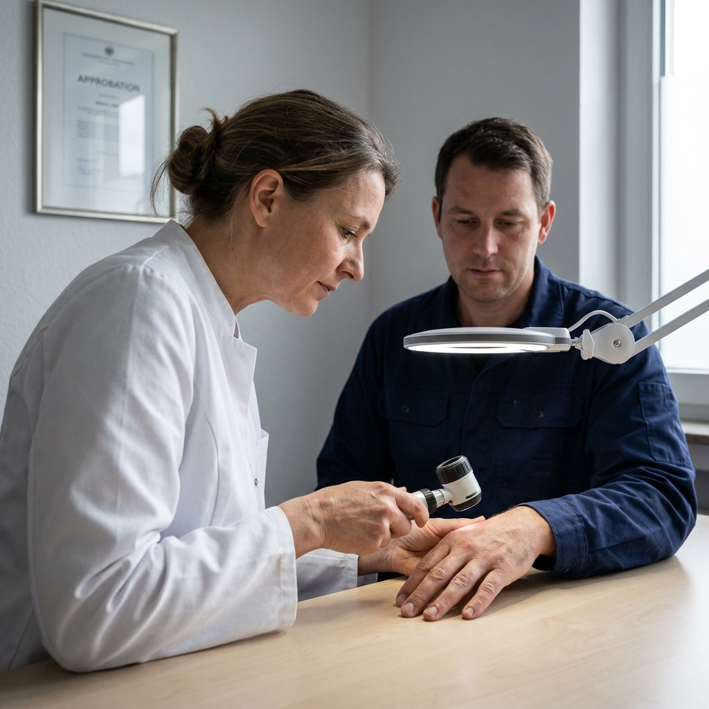 Betriebsärztin führt Hautinspektion mit Dermatoskop bei Arsen-Vorsorge durch