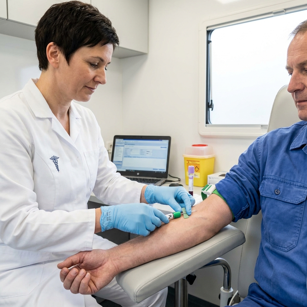 Betriebsärztin entnimmt Heparin-Vollblut für Biomonitoring auf Blei bei Mitarbeiter