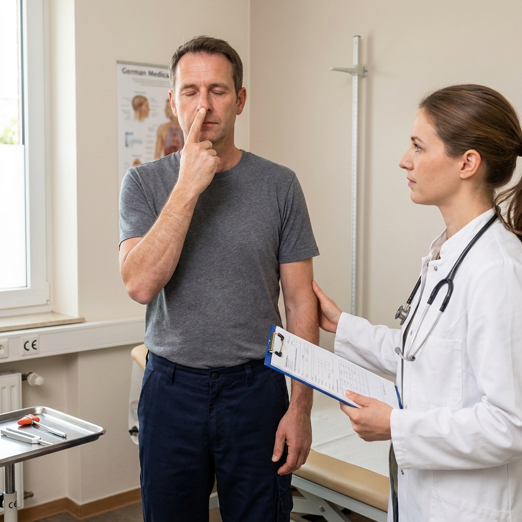 Neurologische Betriebsarzt-Untersuchung mit Tremor-Test bei der Bleitetraethyl-Vorsorge
