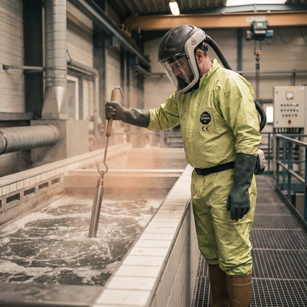 Galvaniseur in Säure-Schutzanzug mit Vollvisierhelm und Frischluftzufuhr am Hartverchromungsbecken in deutscher Galvanik-Halle