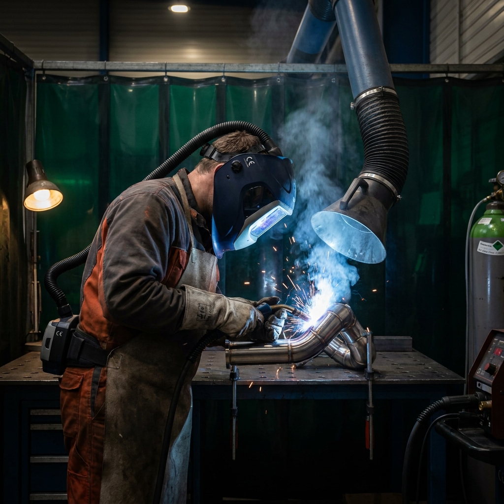 Edelstahlschweißer mit Frischluft-Atemschutzhelm beim MAG-Schweißen einer Chrom-Nickel-Stahl-Konstruktion mit Absauganlage