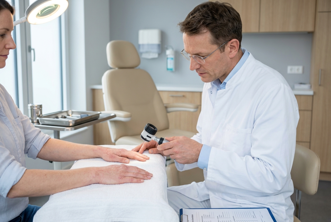 Dermatologe inspiziert mit Lupe das Handekzem einer Patientin im Rahmen der berufsdermatologischen Hautstatus-Untersuchung