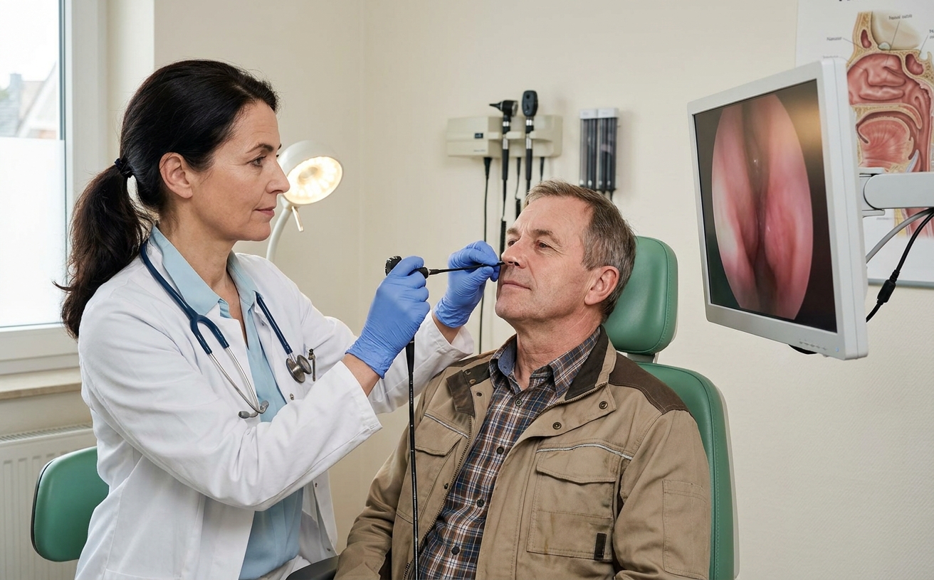 HNO-Aerztin bei der endoskopischen Inspektion der Nasenhoehle eines Patienten mit flexiblem Endoskop in einer arbeitsmedizinischen Praxis