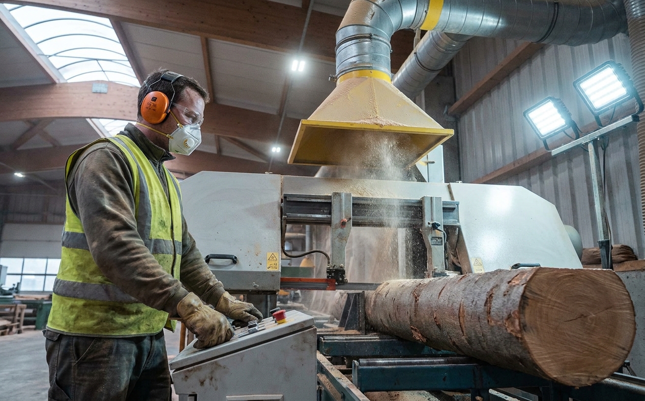 Industrielles Saegewerk mit grosser Bandsaege zur Buchenholzbearbeitung, deutlich sichtbare Absauganlage und Beschaeftigter mit Gehoerschutz und Staubschutzmaske