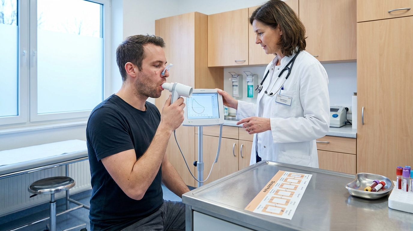 Betriebsärztin führt Spirometrie und Allergie-Diagnostik bei einem Polyurethan-Mitarbeiter durch