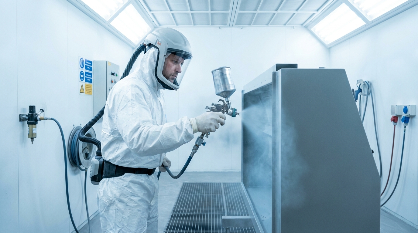 Industrielackierer mit Frischluft-Helm beim Aufbringen eines 2K-Lacks in abgesaugter Lackierkabine