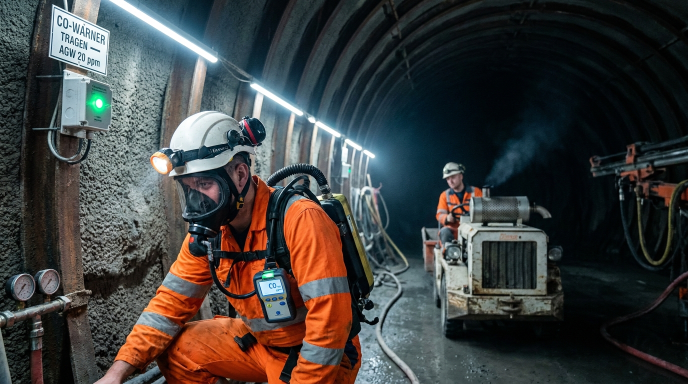 Tunnelbauer mit Atemschutz und CO-Warner