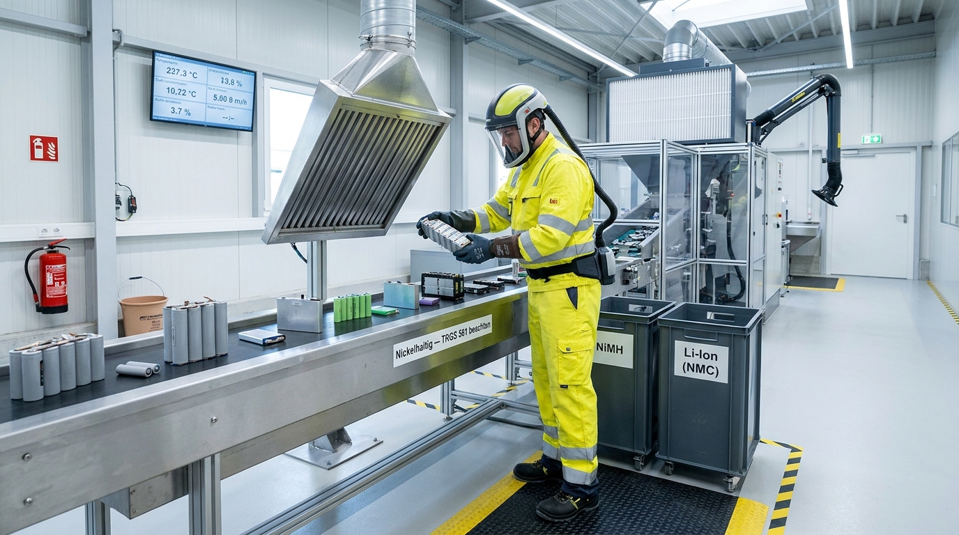 Akkurecycling-Mitarbeiter beim Sortieren nickelhaltiger Batterien