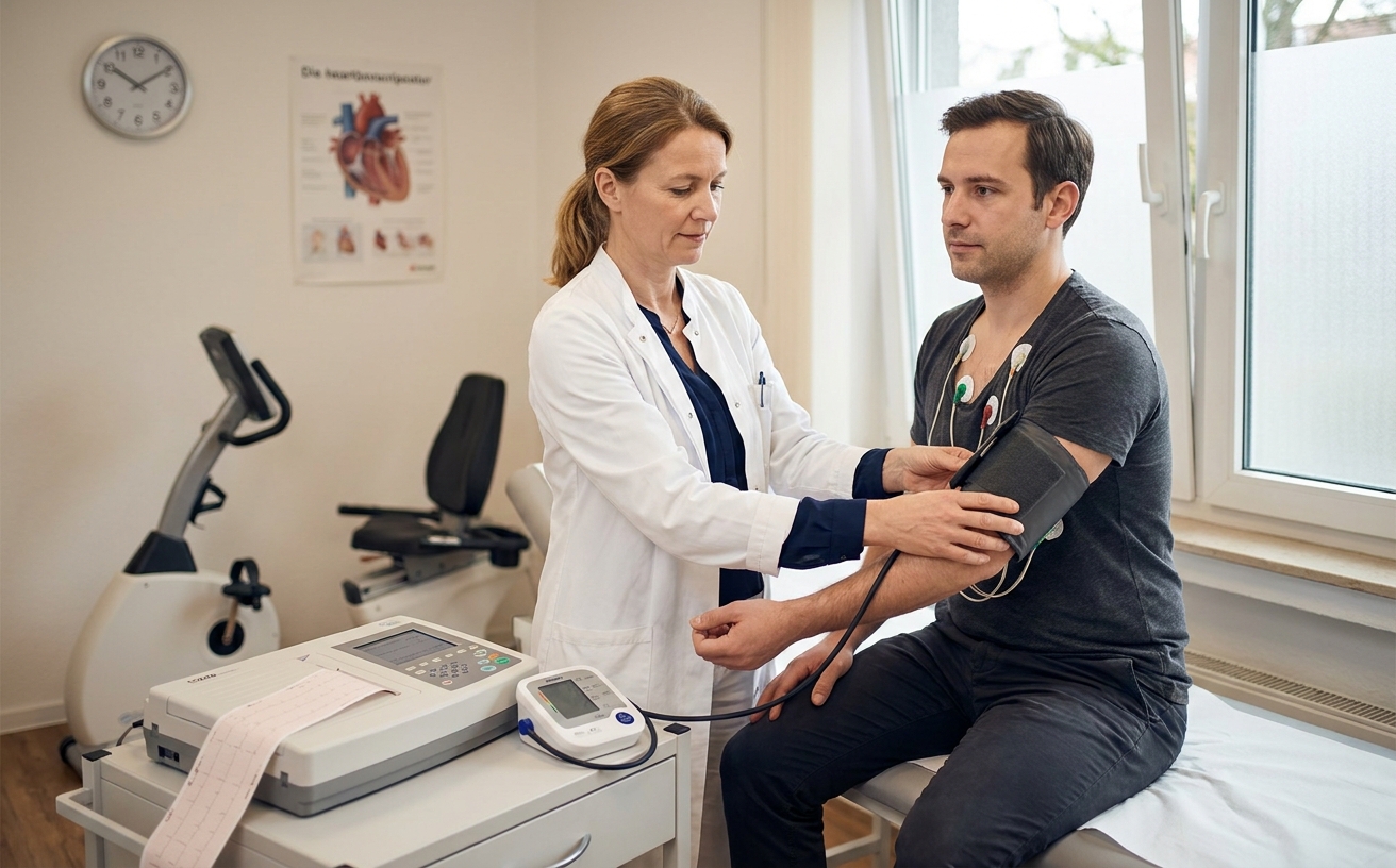 Betriebsärztin führt EKG und Blutdruckmessung bei einem Sprengstoffarbeiter im Rahmen der Nitroglycerin-Vorsorge durch