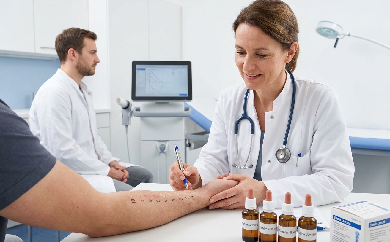 Arbeitsmedizinerin bei Spirometrie mit Fluss-Volumen-Kurve und Prick-Test mit Mehlallergen-Loesungen
