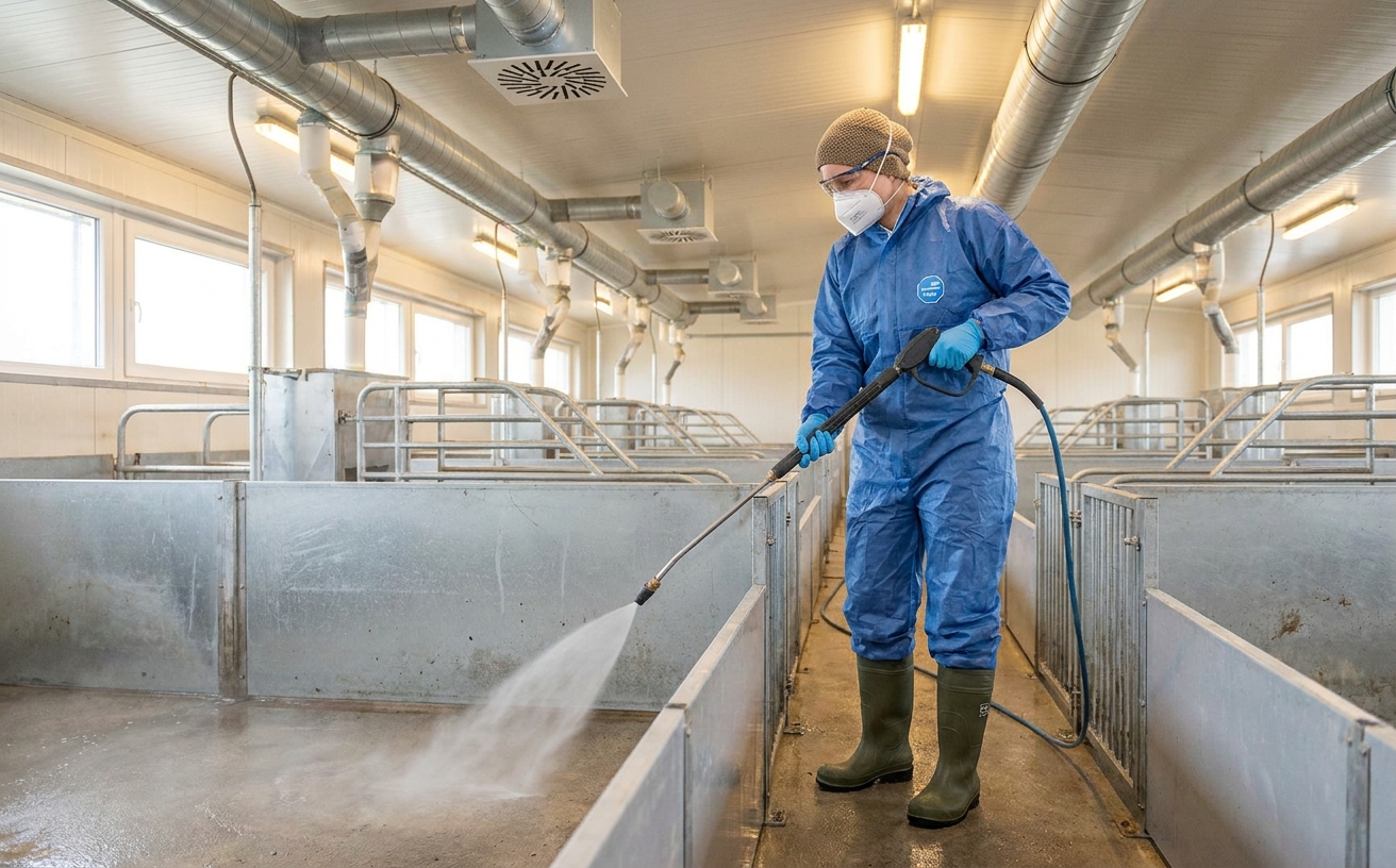 Tierpflegerin in deutscher Schweinehaltungsanlage mit FFP2-Halbmaske bei Reinigungsarbeiten
