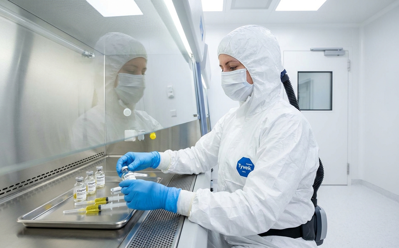 Pharmazeutisch-technische Assistentin im Reinraum bei der Herstellung von Cisplatin-Infusionslösung unter einer Sicherheitswerkbank