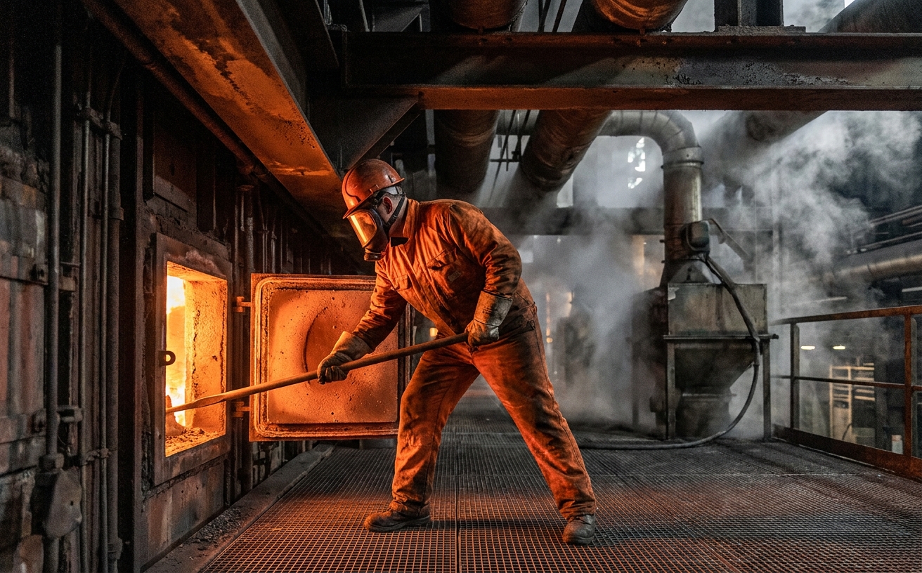 Ofenarbeiter in Hitzeschutzkleidung beim Drücken einer Koksbatterie in einer deutschen Steinkohlekokerei