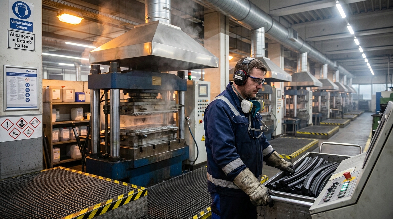 Vulkanisationsanlage in Gummiwerk mit Absaugung über den Heizpressen – CS2-Exposition in der Gummiindustrie