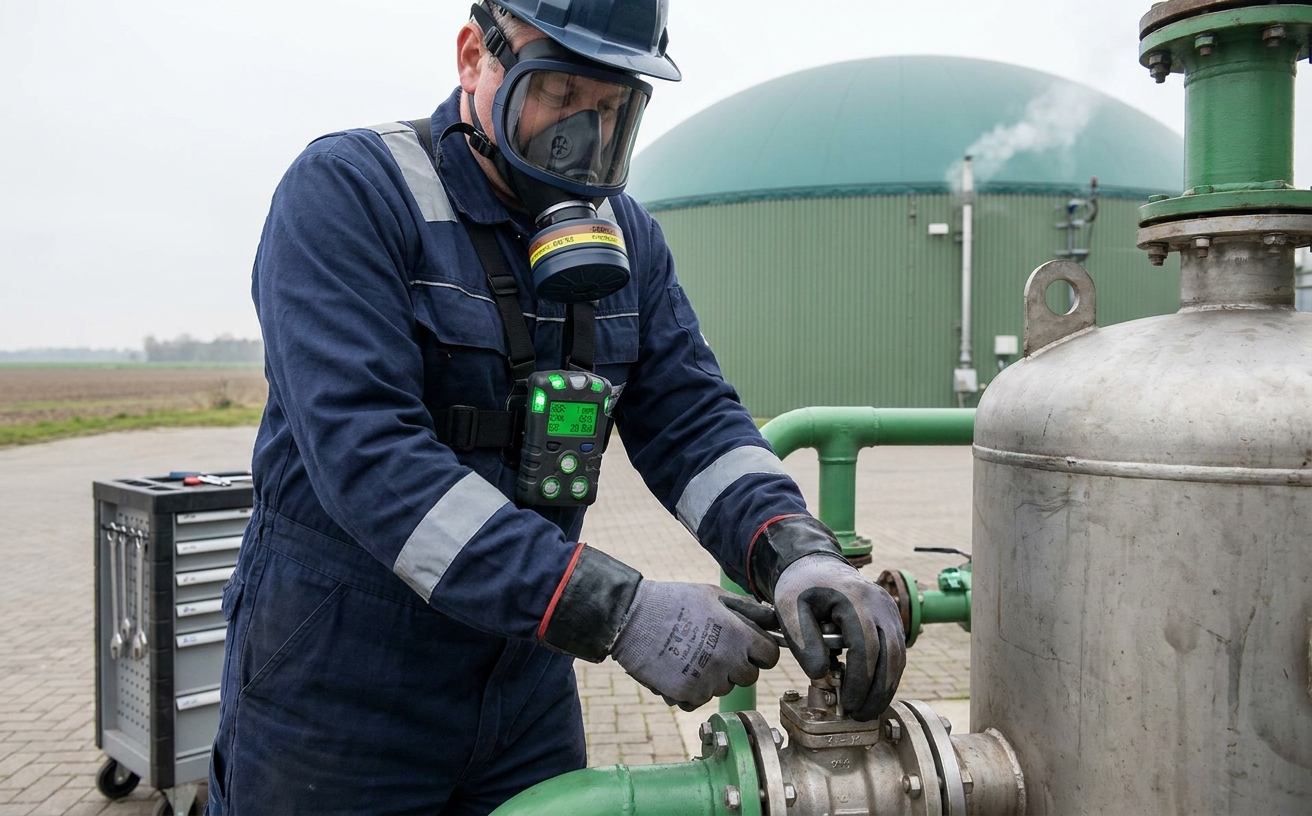 Biogasanlagen-Operator mit Atemschutz und Gas-Warngerät bei Wartungsarbeiten an einer Aufbereitungsanlage