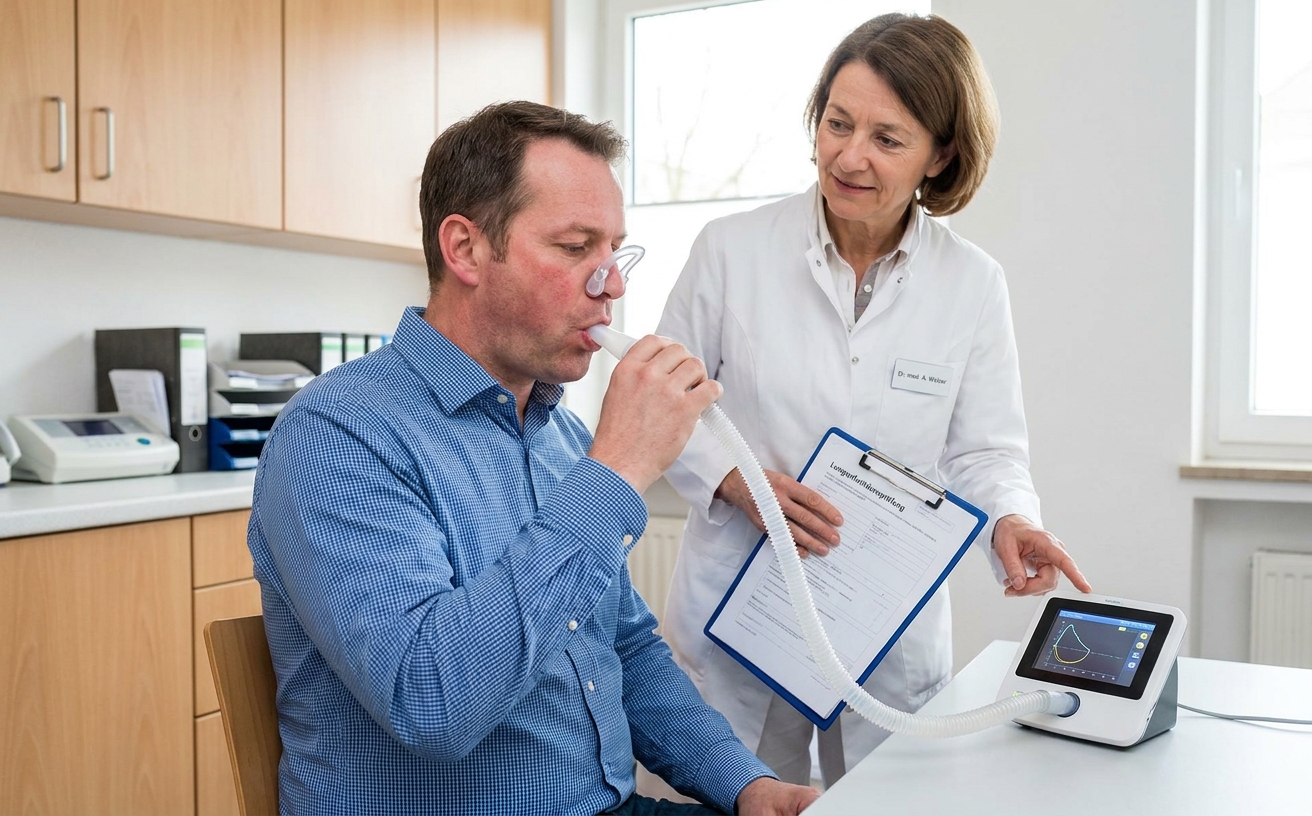 Lungenfunktionsprüfung Spirometrie eines Schweißers in einer arbeitsmedizinischen Praxis