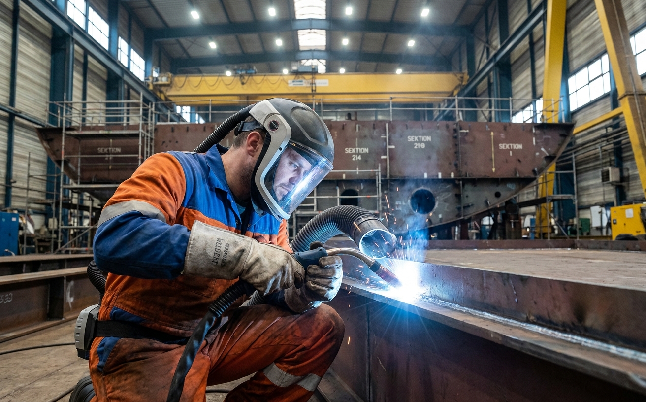 Schiffbauer beim MAG-Schweißen in einer deutschen Werft mit Frischluft-Atemschutzhaube und Absaugbrenner