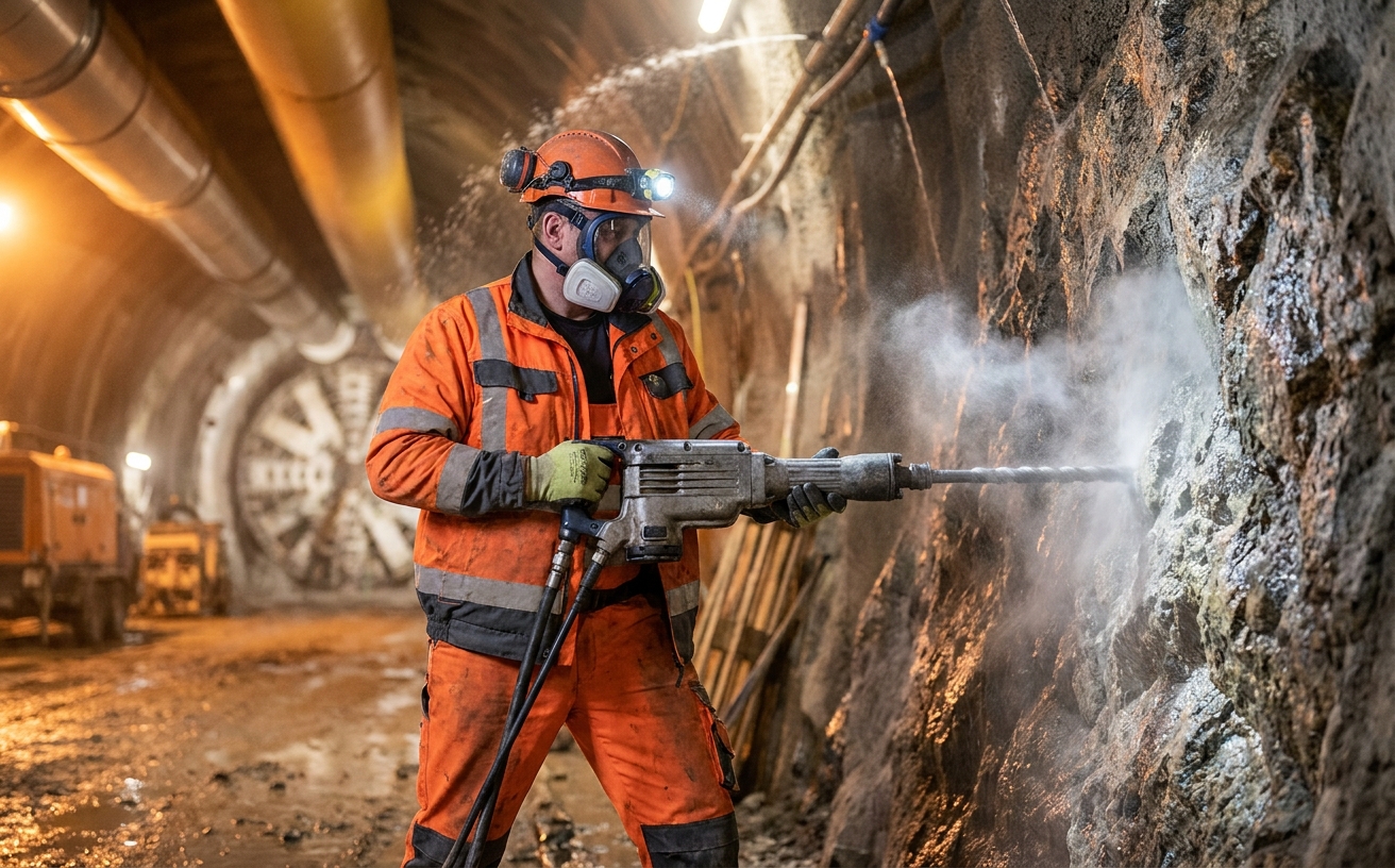 Tunnelbau-Arbeiter im Vortrieb mit Quarzstaubexposition