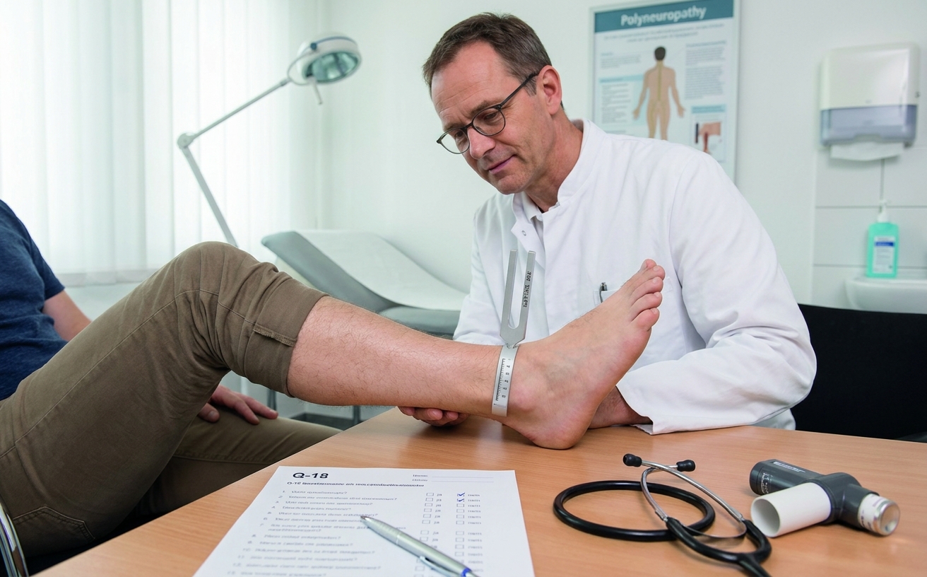 Neurologische Untersuchung mit Pallästhesiometer bei Styrol-Vorsorge