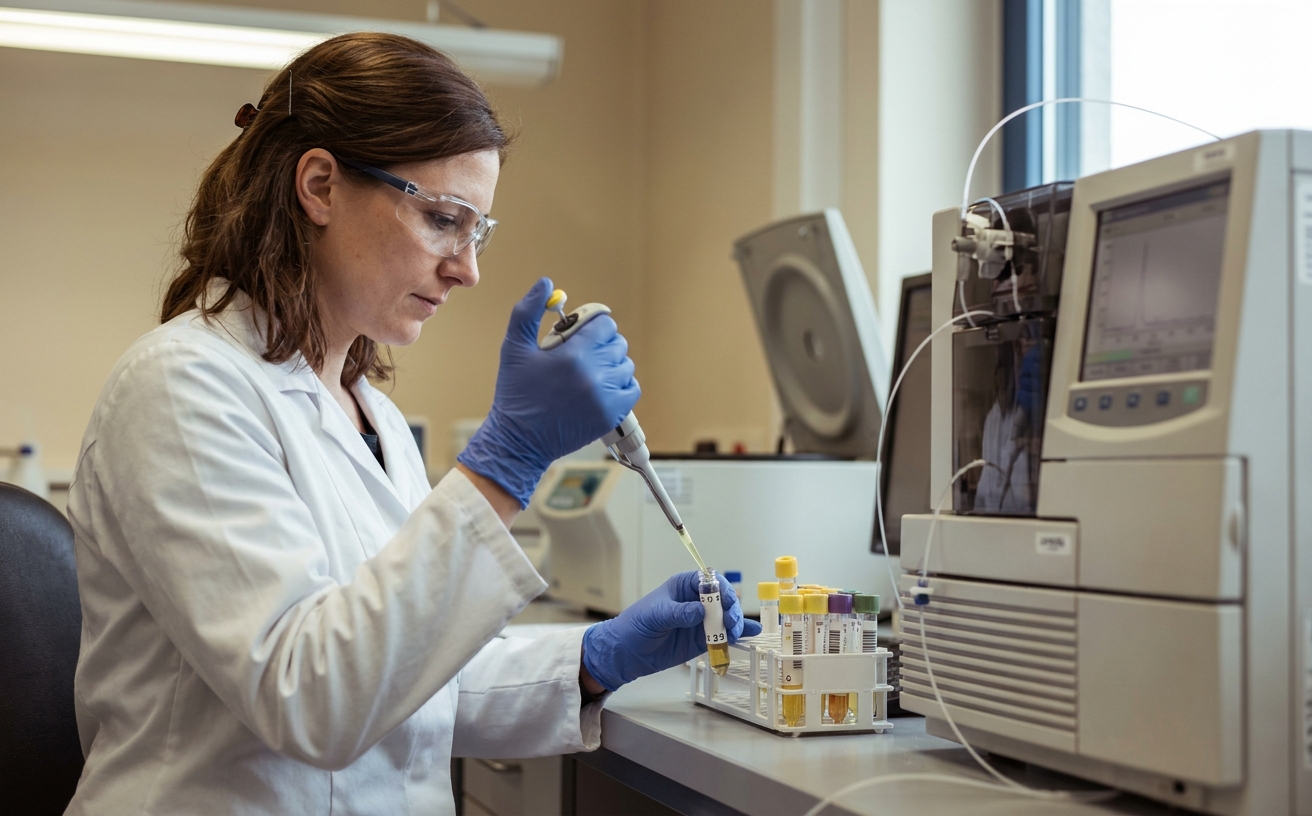 MTLA pipettiert Urinprobe für die Hippursäure- und Methylhippursäure-Bestimmung am HPLC-Gerät