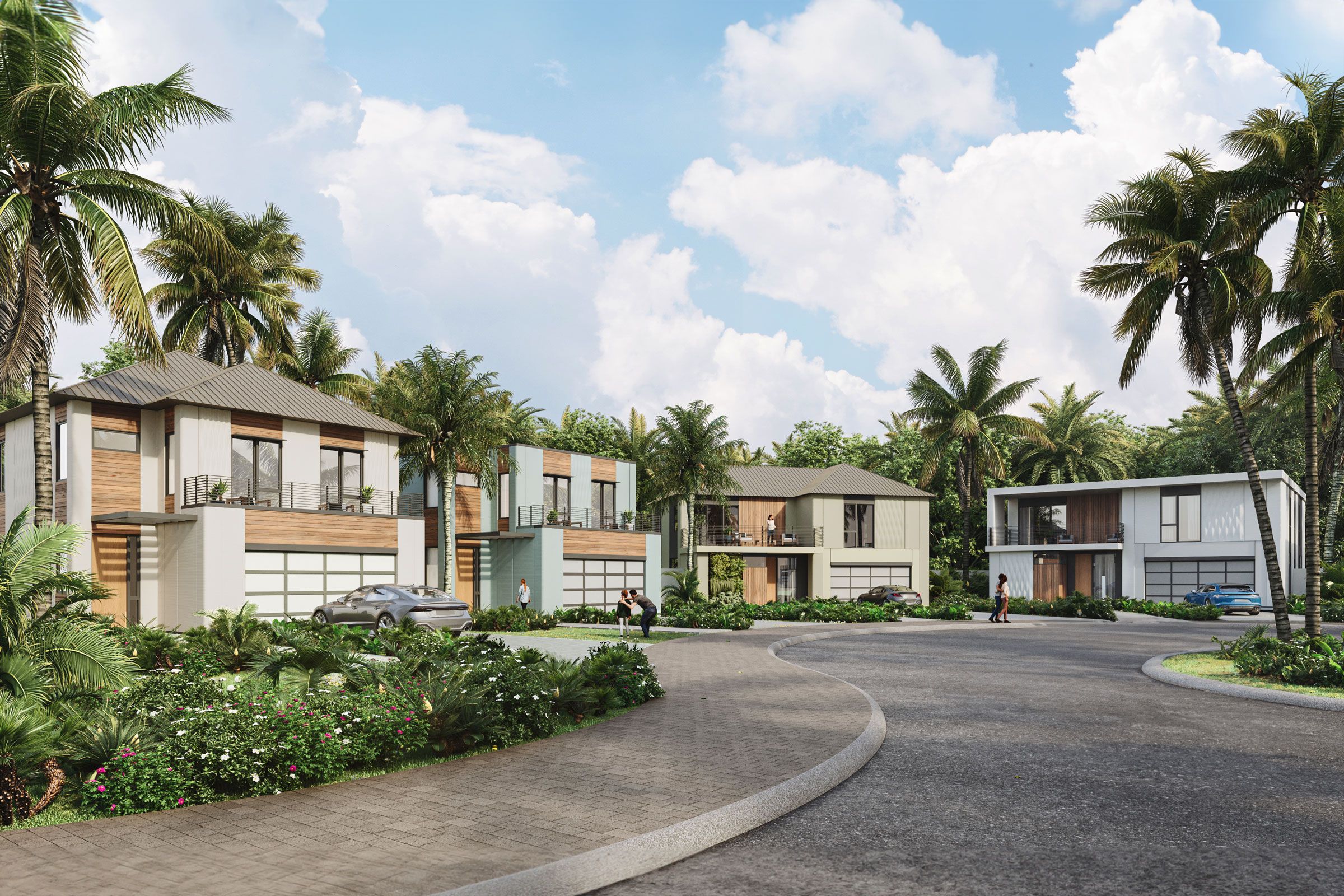 diverse home styles with different colors and roofs and elevations in culdesac