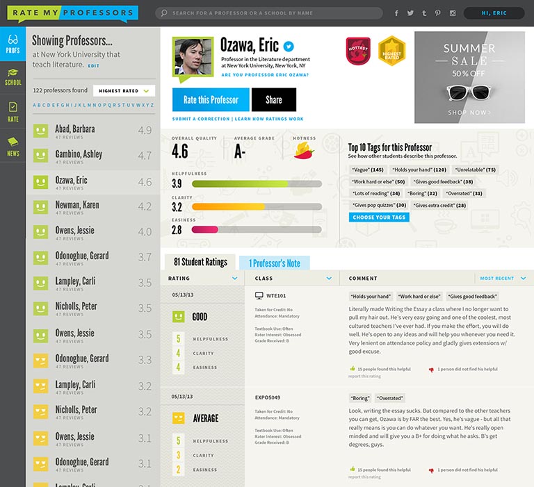 Desktop view of professor detail