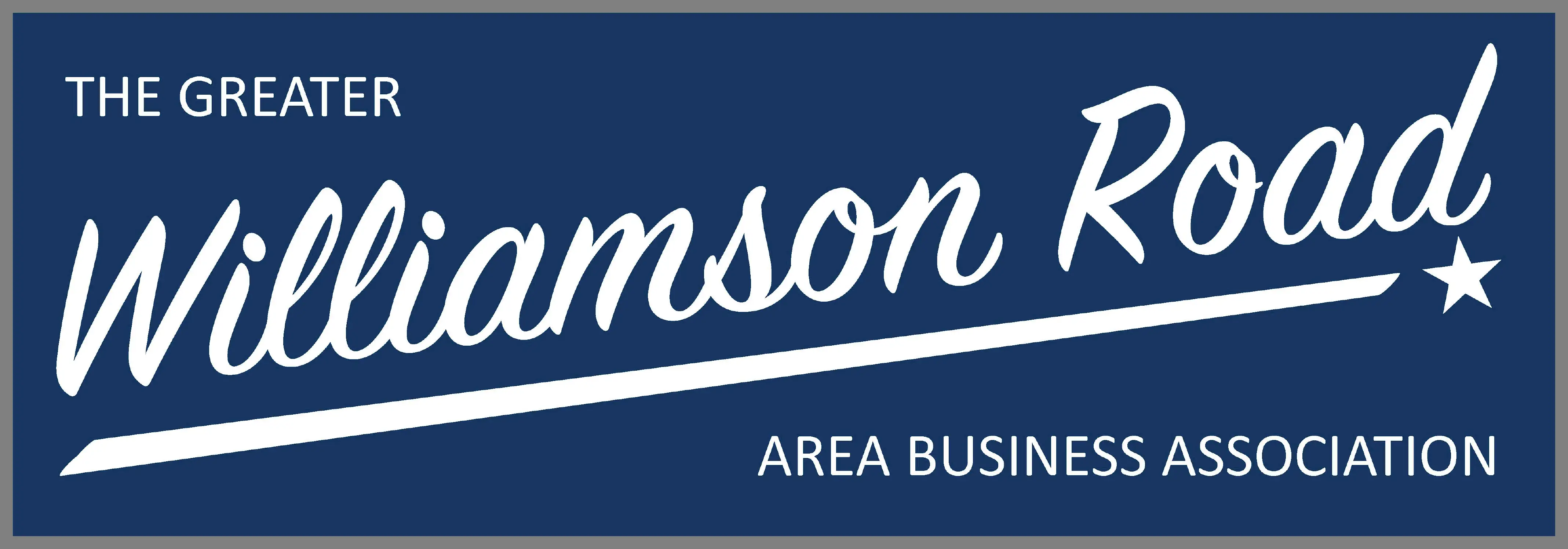Logo for The Greater Williamson Road Area Business Association with text and a stylized underline ending in a star.