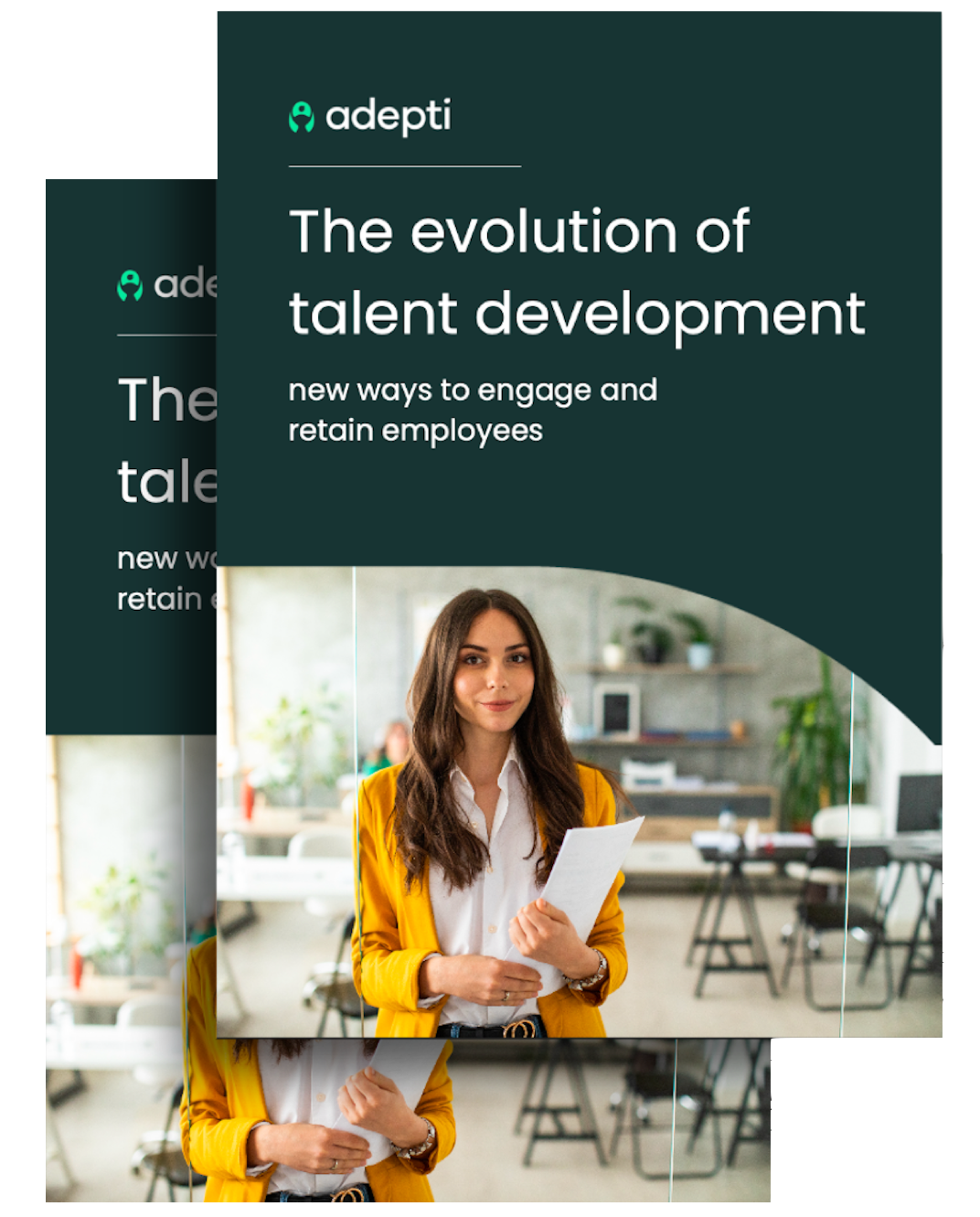 Cover of Adepti’s guide titled 'The evolution of talent development' featuring a confident professional woman holding documents in a modern office