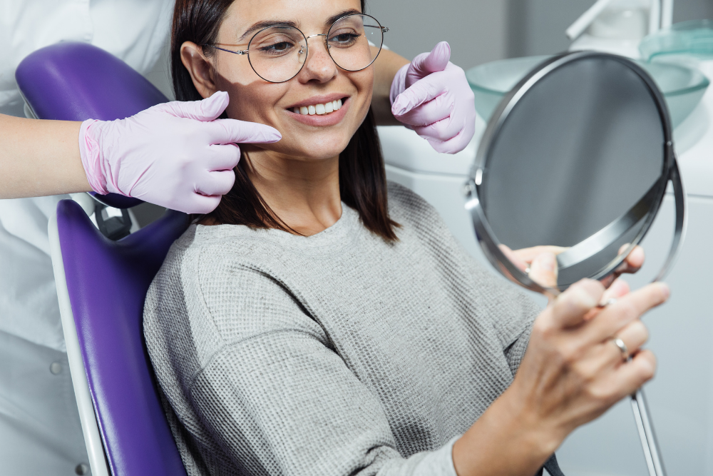Patient smiling while viewing her new smile during a cosmetic dentistry consultation