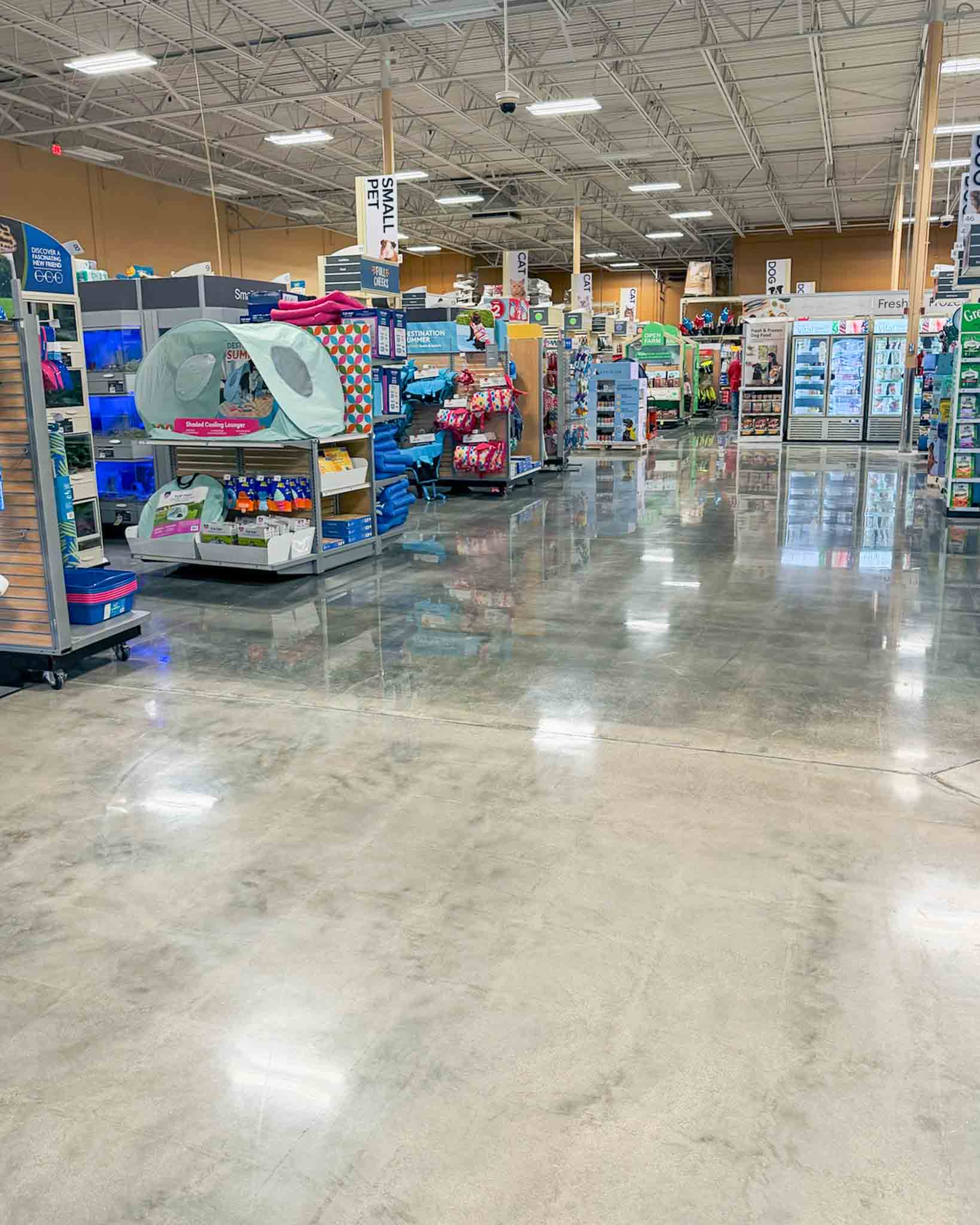 Finished polished concrete floor in an active commercial retail environment.
