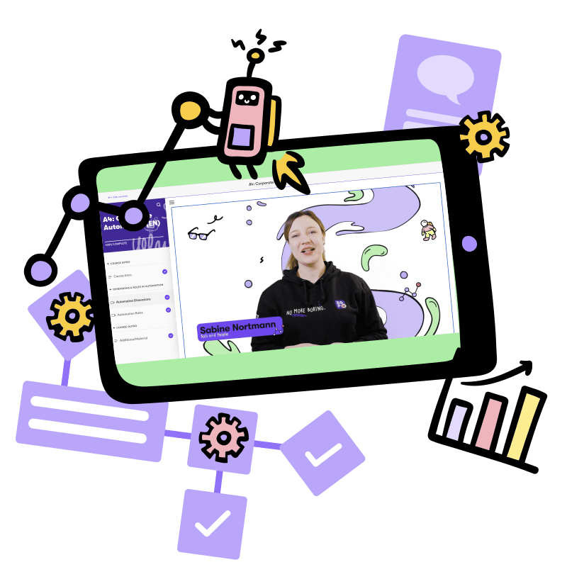 Illustration der Kursschnittstelle mit sprechendem Trainer und niedlichen Bots, die auf dem Bildschirm herumfliegen