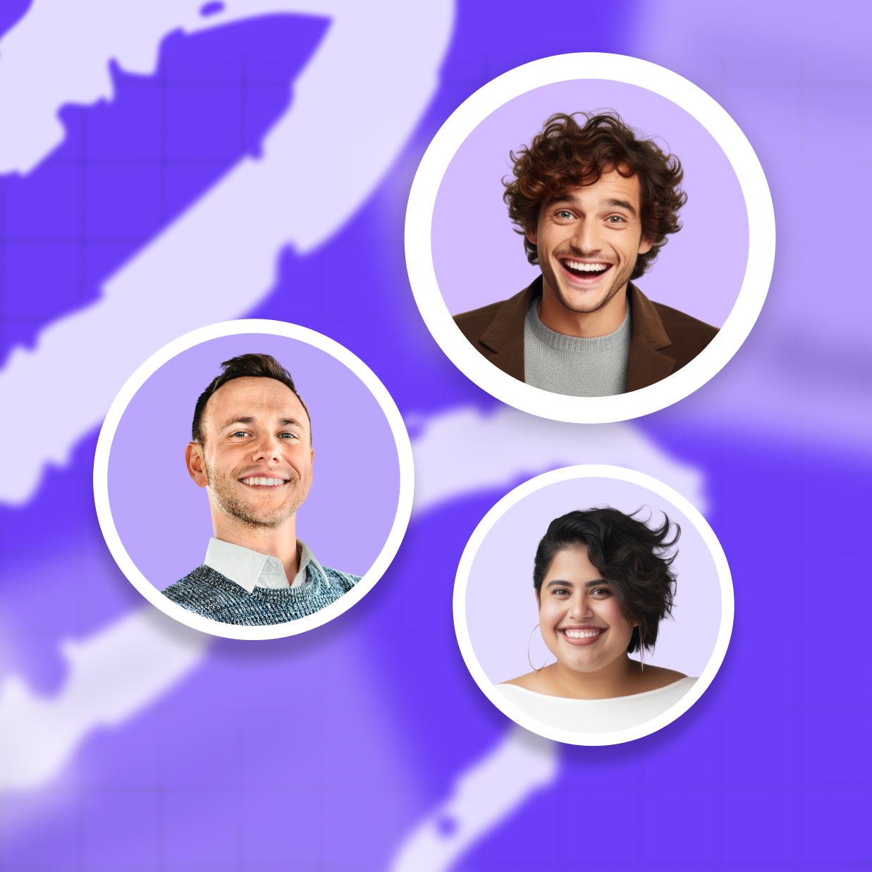 A graphic with violet background. It features 3 rounded frames with photos of smiling people inside of it.
