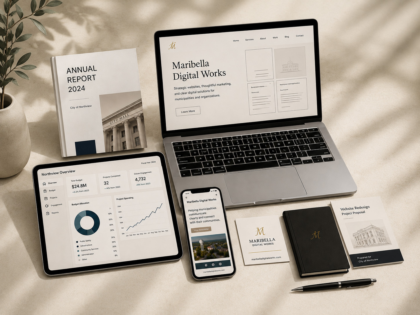 Maribella Digital Works branding mockup featuring a website design, municipal annual report, analytics dashboard, and digital marketing materials.