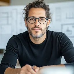 Man with dark curly hair and glasses, wearing a black sweater, sitting at a desk with blueprints in the background.
