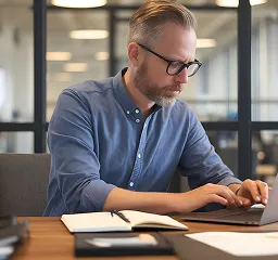 Man with glasses and beard working on a laptop at a desk with notebooks and papers.
