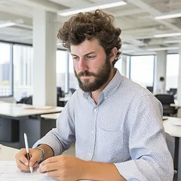 Man with curly hair and beard writing with a pen at a desk in a modern office.