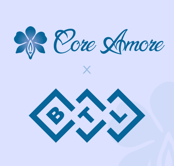 Core Amore and BTL logo in blue and white design