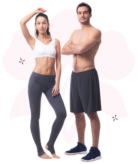 Two fitness models in athletic wear posing confidently against white background after their EmSculpt treatment